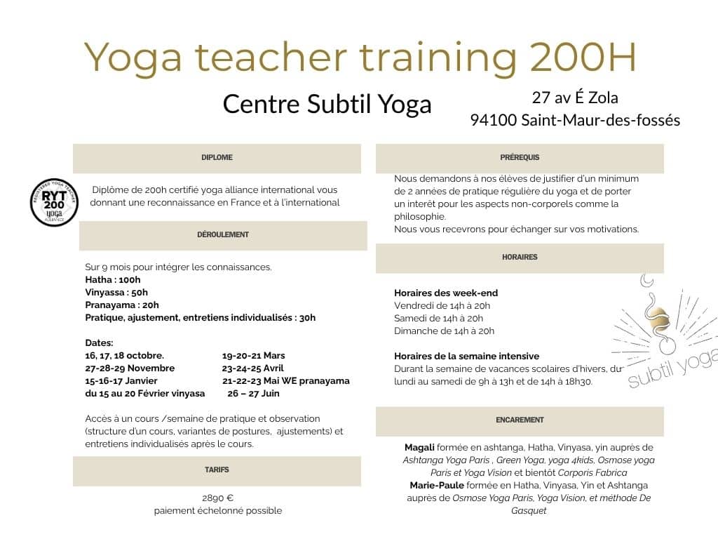 Poster for 'Yoga teacher training 200H' at Centre Subtil Yoga, Saint-Maur-des-Fossés; lists dates, hours, prerequisites and price info.