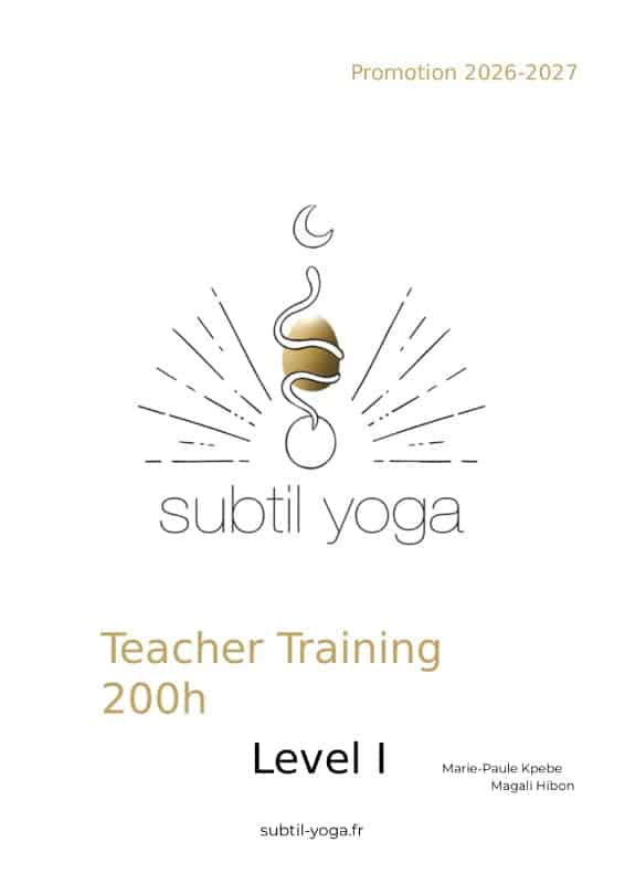 Subtil Yoga logo with a stylized hanging figure and sunburst rays, advertising 2026–2027; text includes ‘Teacher Training 200h, Level I’ and author names.